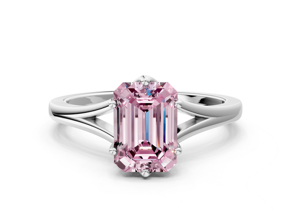 Platinum Fancy Pink Emerald  Solitaire Diamond Ring with Six-Prong Setting and Tapered Band