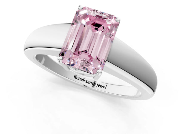 Platinum Fancy Pink Emerald  Solitaire Diamond Ring with Tapered Band and Four-Prong Setting