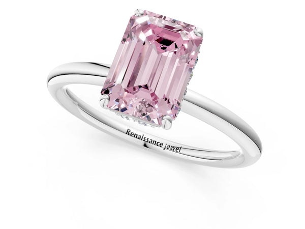 White gold Fancy Pink Emerald  Solitaire Diamond Ring with a Classic Band and Four-Prong Setting