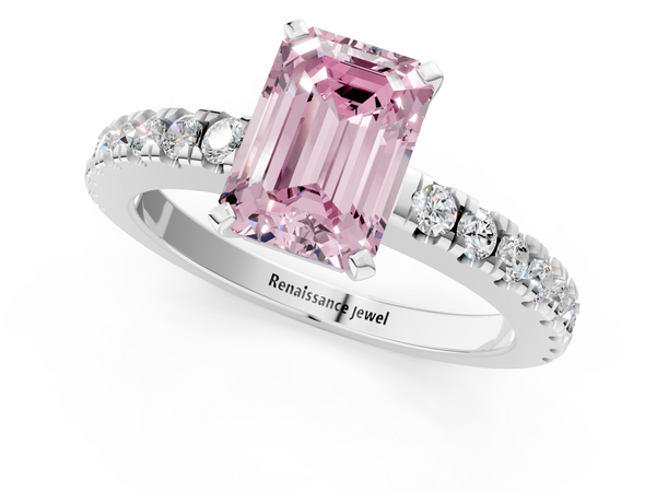 Platinum Fancy Pink Emerald  Solitaire Diamond with Pavé Band and Four-Prong Setting