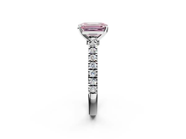 Platinum Fancy Pink Emerald  Solitaire Diamond with Pavé Band and Four-Prong Setting