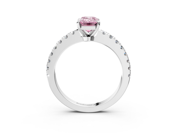 Platinum Fancy Pink Emerald  Solitaire Diamond with Pavé Band and Four-Prong Setting