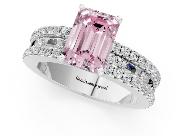 Platinum Emerald Cut Pave and Baguette Engagement Ring Setting for Fancy Pink Center