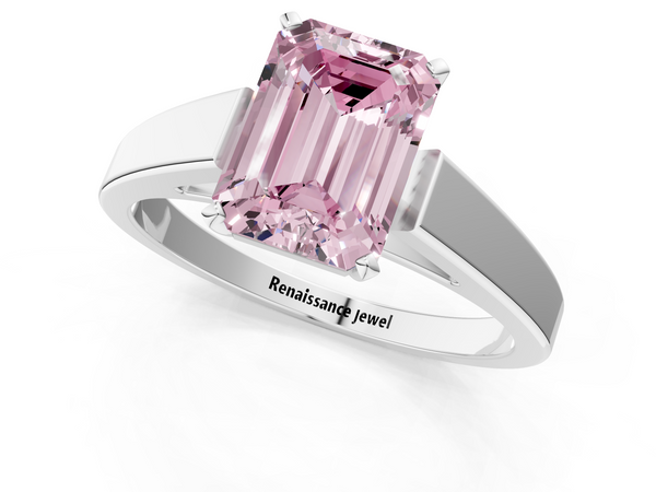 Platinum Fancy Pink Emerald  Solitaire Engagement Ring with Four-Prong Setting and Tapered Band