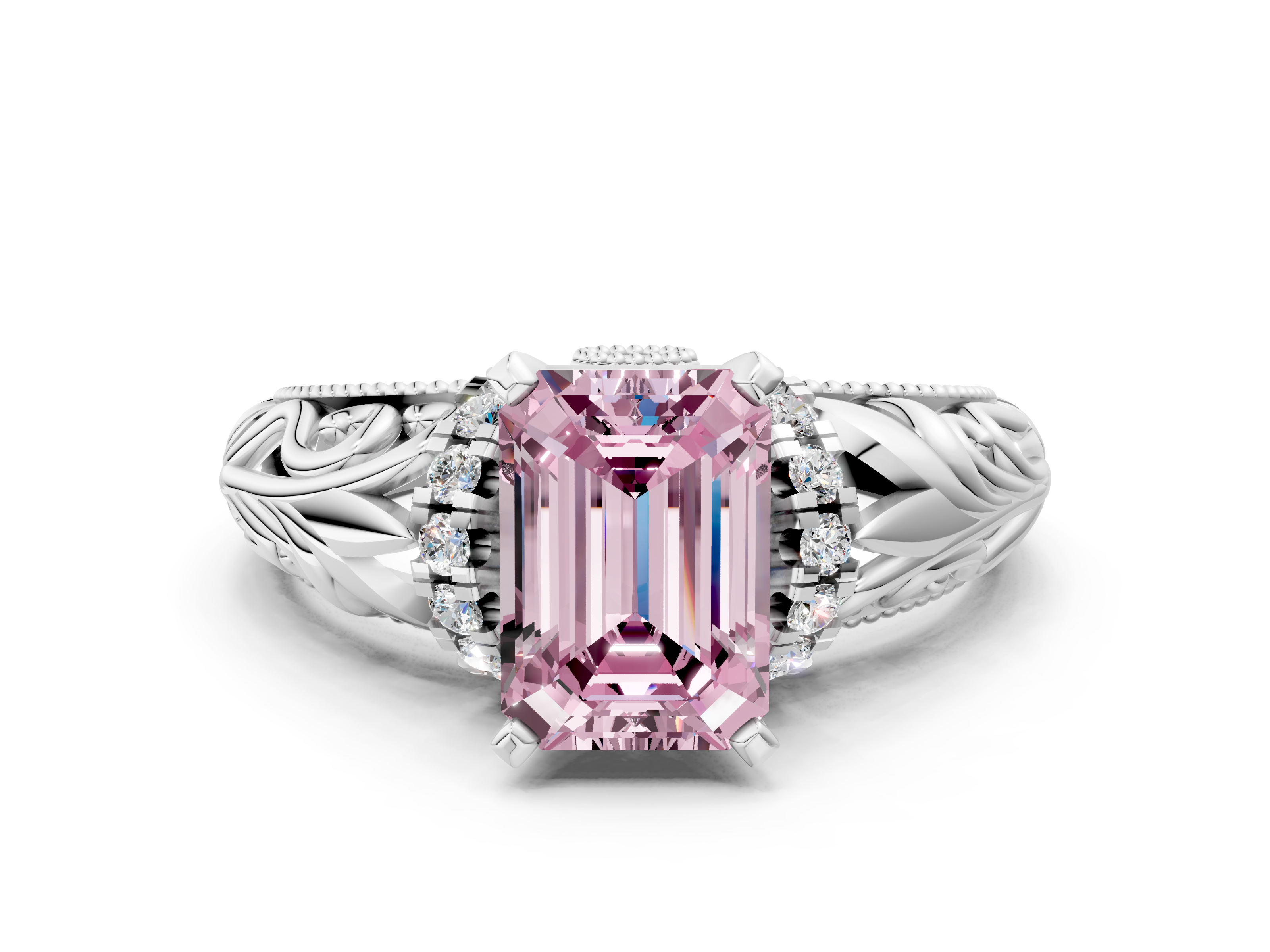 White gold Fancy Pink Emerald  Solitaire Filigree Engagement Ring with Halo and Prong Setting_74