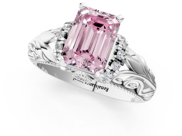 Platinum Fancy Pink Emerald  Solitaire Filigree Engagement Ring with Halo and Prong Setting