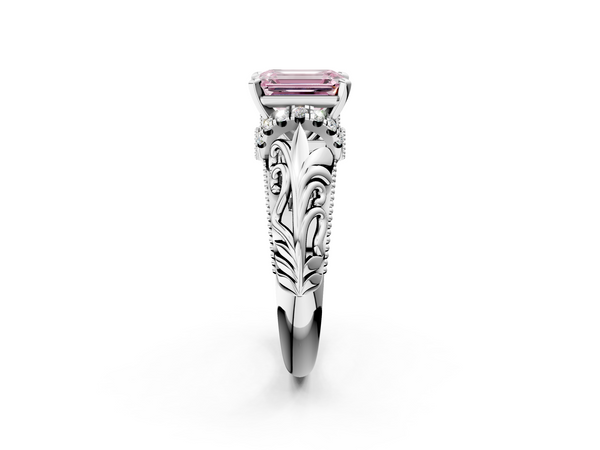 Platinum Fancy Pink Emerald  Solitaire Filigree Engagement Ring with Halo and Prong Setting