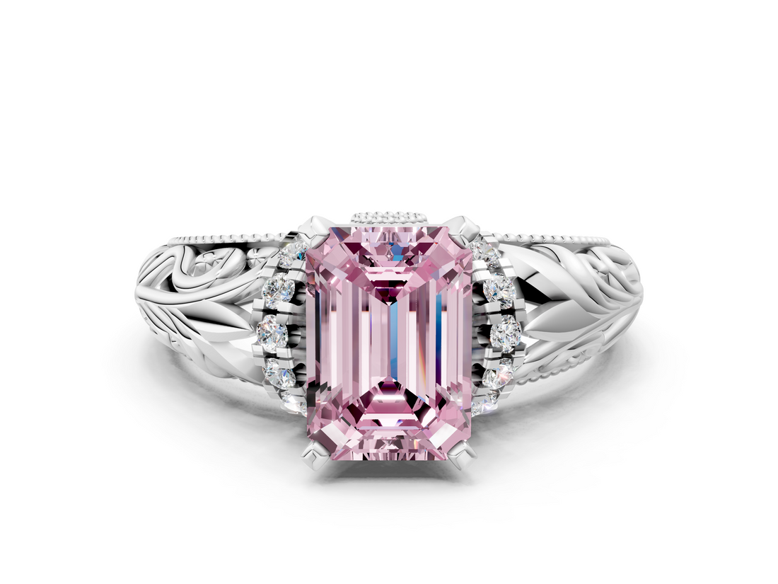 White gold Fancy Pink Emerald  Solitaire Filigree Engagement Ring with Halo and Prong Setting_80