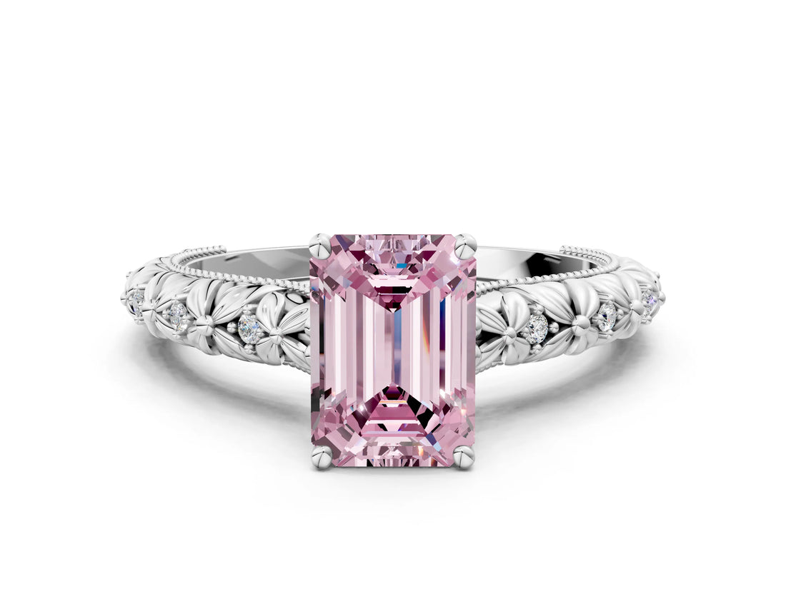 White gold Fancy Pink Emerald  Solitaire Floral Milgrain Engagement Ring_48