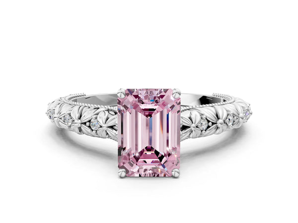 Platinum Fancy Pink Emerald  Solitaire Floral Milgrain Engagement Ring