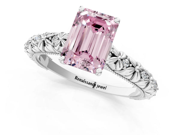 Platinum Fancy Pink Emerald  Solitaire Floral Milgrain Engagement Ring