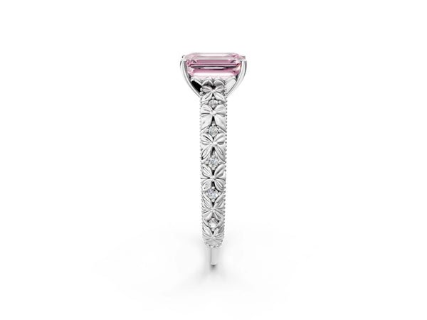 Platinum Fancy Pink Emerald  Solitaire Floral Milgrain Engagement Ring