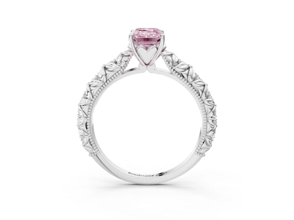 Platinum Fancy Pink Emerald  Solitaire Floral Milgrain Engagement Ring
