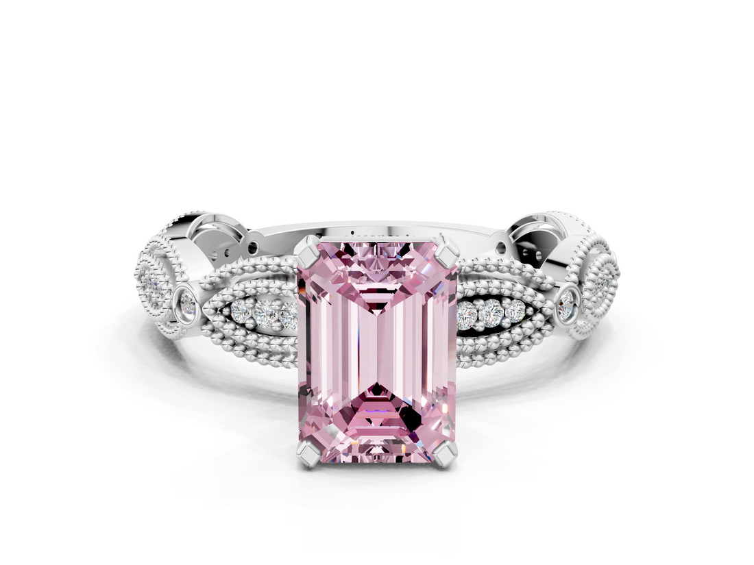 White gold Fancy Pink Emerald  Solitaire Milgrain Diamond Engagement Ring with Bezel and Marquise Band_83