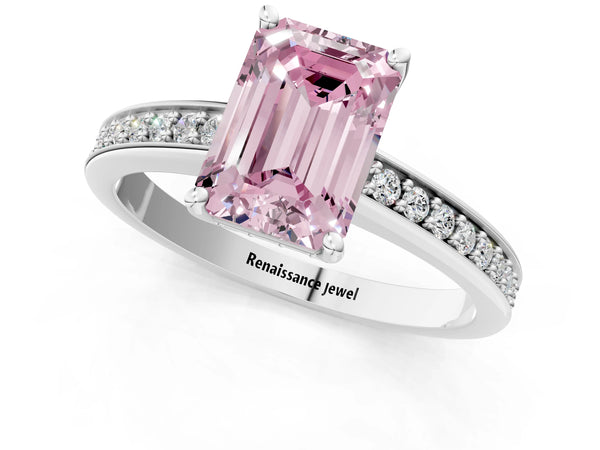 White gold Fancy Pink Emerald  Solitaire Pavé Band Prong Setting Ring
