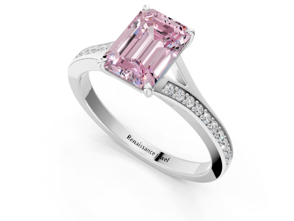 Platinum Fancy Pink Emerald Cut Diamond Solitaire Ring with Pavé Band and Prong Setting