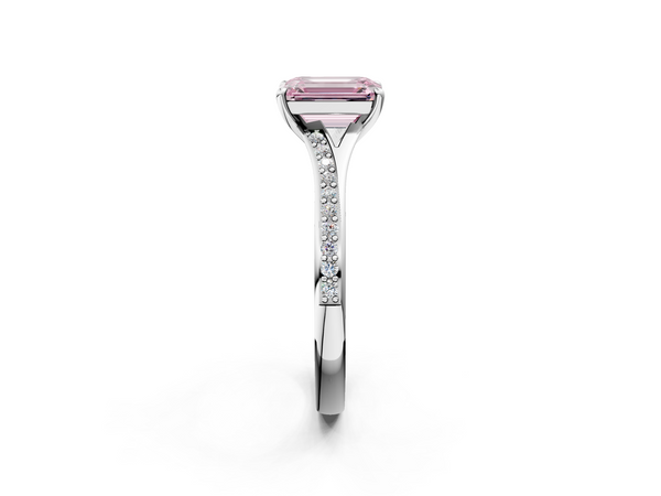 Platinum Fancy Pink Emerald Cut Diamond Solitaire Ring with Pavé Band and Prong Setting