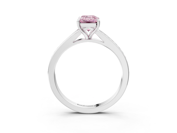Platinum Fancy Pink Emerald Cut Diamond Solitaire Ring with Pavé Band and Prong Setting