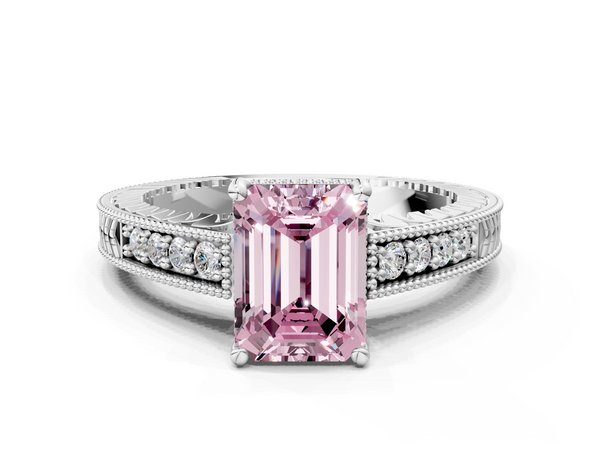 Platinum Fancy Pink Emerald  Solitaire Pavé Diamond Milgrain Engagement Ring with Four-Prong Setting