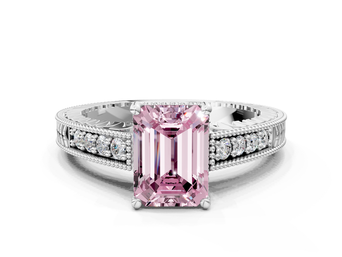 White gold Fancy Pink Emerald  Solitaire Pavé Diamond Milgrain Engagement Ring with Four-Prong Setting_3
