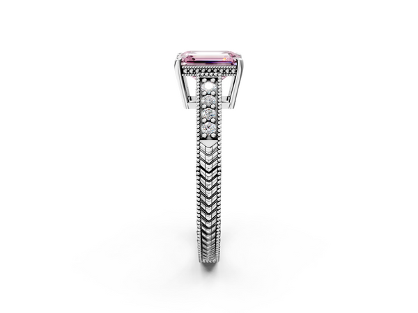 Platinum Fancy Pink Emerald  Solitaire Pavé Diamond Milgrain Engagement Ring with Four-Prong Setting