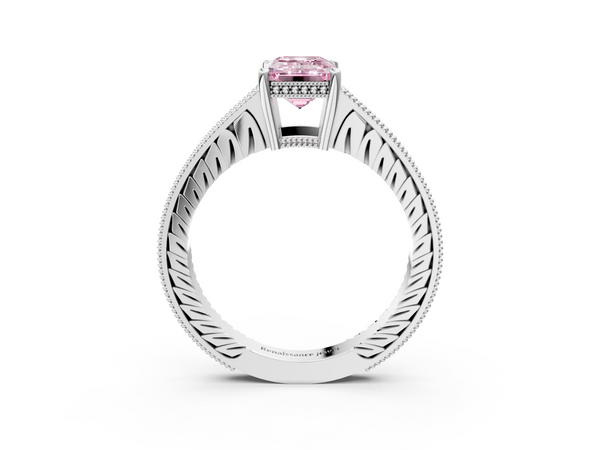 Platinum Fancy Pink Emerald  Solitaire Pavé Diamond Milgrain Engagement Ring with Four-Prong Setting
