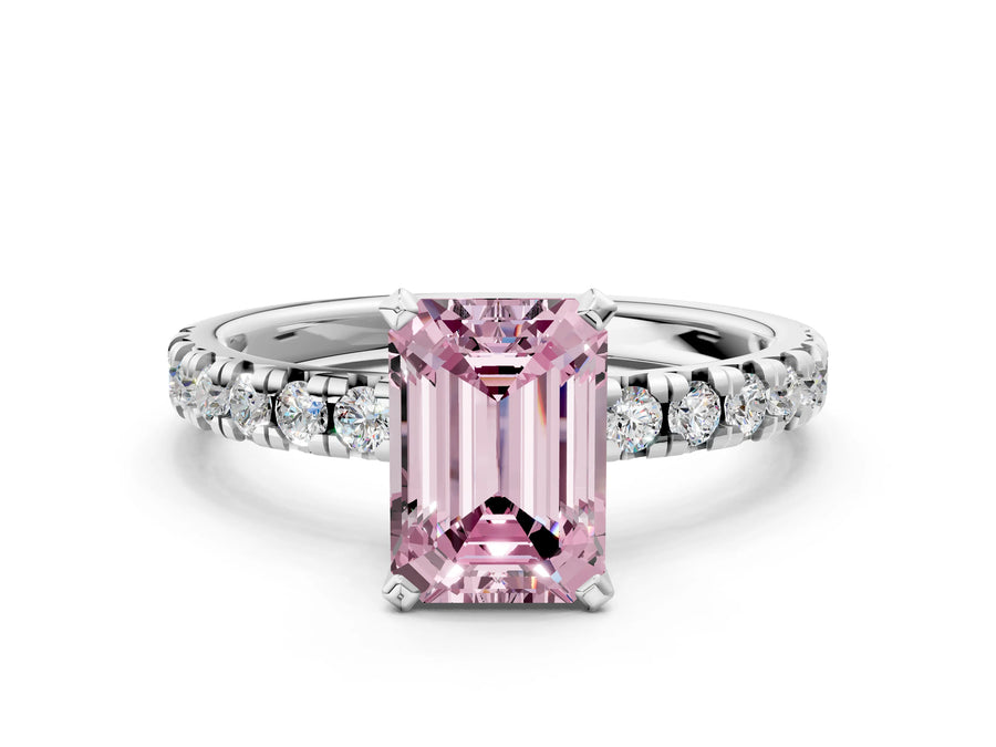 White gold Fancy Pink Emerald  Solitaire Pave Diamond Engagement Ring with Four-Prong Setting