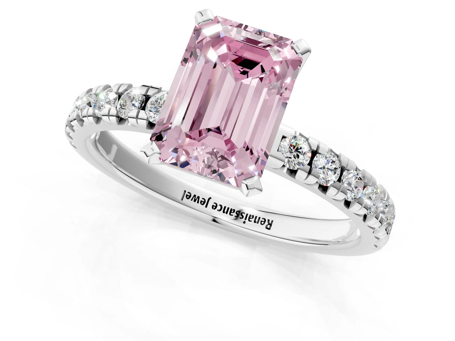 White gold Fancy Pink Emerald  Solitaire Pave Diamond Engagement Ring with Four-Prong Setting