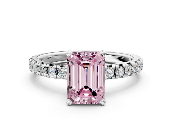 White gold Fancy Pink Emerald  Solitaire Pave Diamond Engagement Ring with Four-Prong Setting