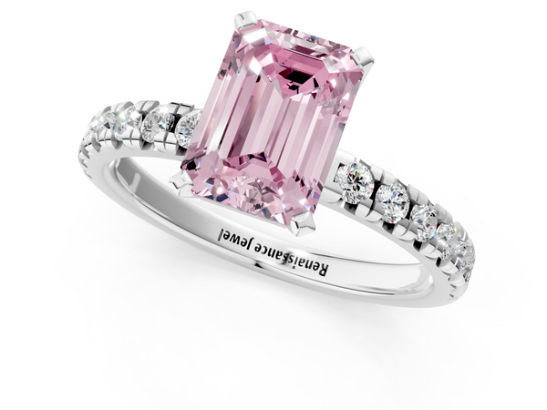 White gold Fancy Pink Emerald  Solitaire Pave Diamond Engagement Ring with Four-Prong Setting