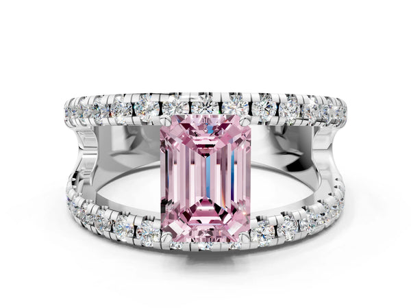 White gold Fancy Pink Emerald  Solitaire Split Shank Pave Diamond Ring