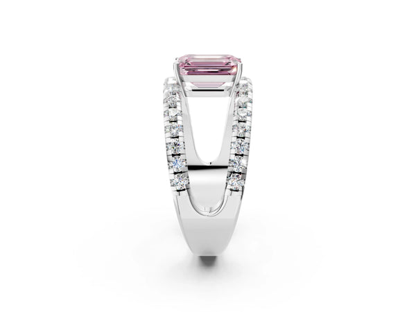 White gold Fancy Pink Emerald  Solitaire Split Shank Pave Diamond Ring