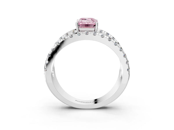 White gold Fancy Pink Emerald  Solitaire Split Shank Pave Diamond Ring
