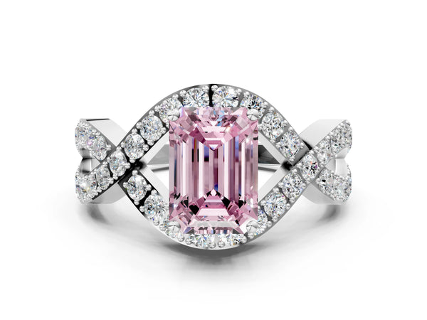 White gold Fancy Pink Emerald  Solitaire Twist Band Pavé Diamond Engagement Ring