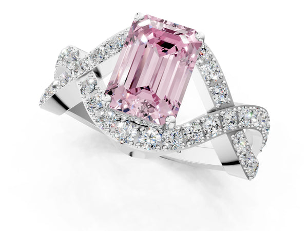 White gold Fancy Pink Emerald  Solitaire Twist Band Pavé Diamond Engagement Ring