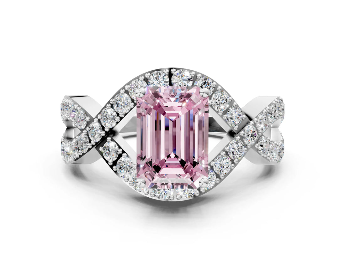 White gold Fancy Pink Emerald  Solitaire Twist Band Pavé Diamond Engagement Ring_32