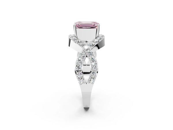 White gold Fancy Pink Emerald  Solitaire Twist Band Pavé Diamond Engagement Ring