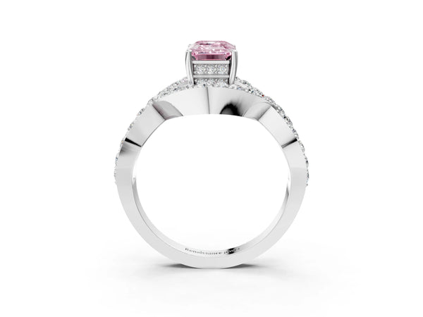 White gold Fancy Pink Emerald  Solitaire Twist Band Pavé Diamond Engagement Ring
