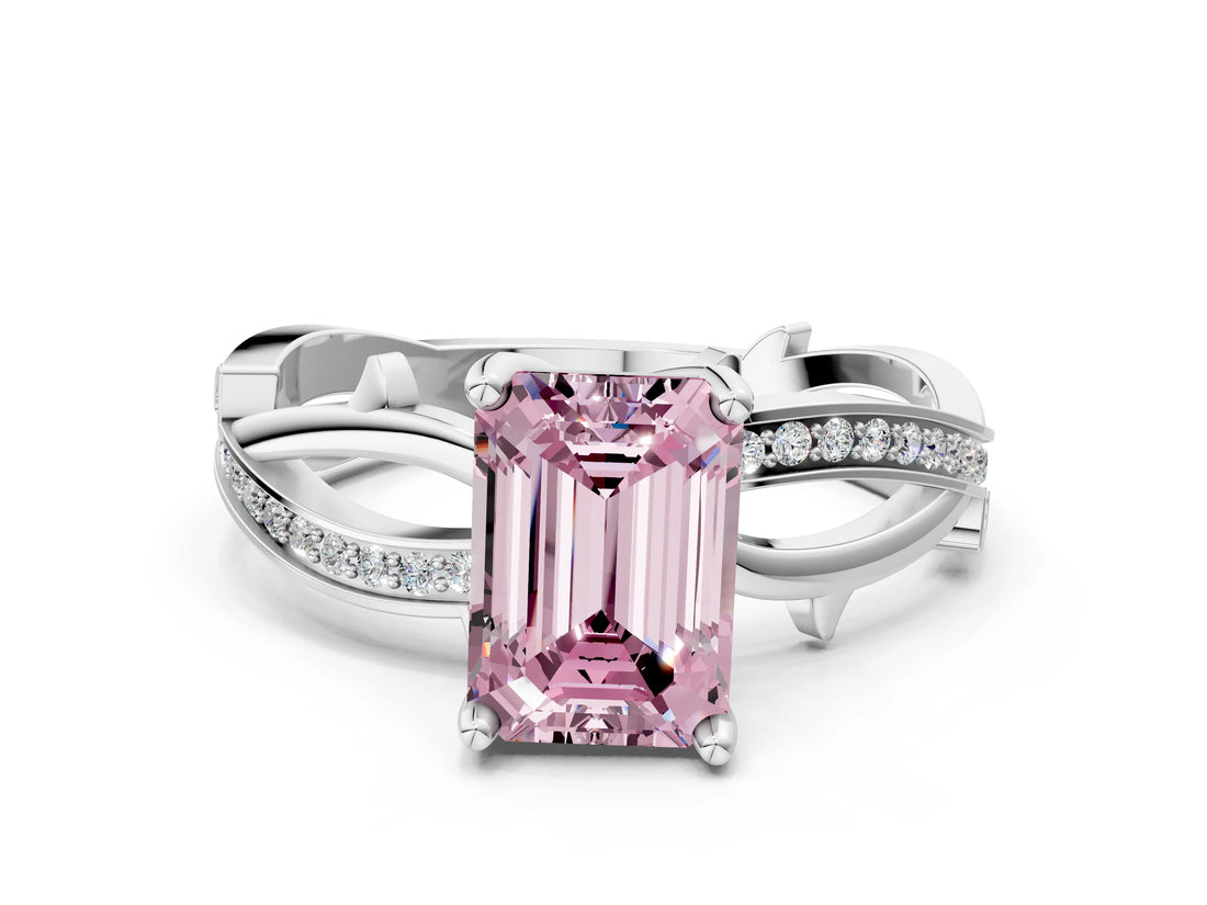 White gold Fancy Pink Emerald  Solitaire Twist Band with Pavé Accents and Four-Prong Setting_27