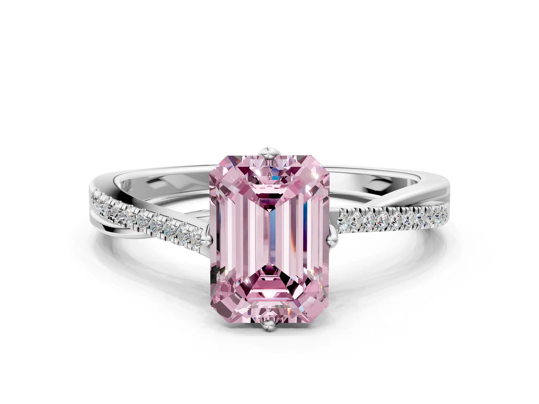White gold Fancy Pink Emerald  Solitaire Twist Band with Pavé Diamonds and Four-Prong Setting_79