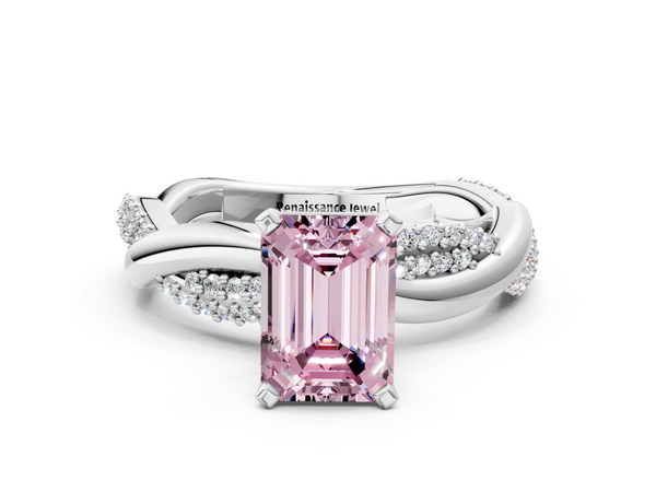 Platinum Fancy Pink Emerald  Solitaire Twist Band with Pave Prong Setting