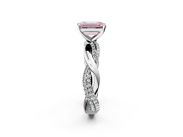 Platinum Fancy Pink Emerald  Solitaire Twist Band with Pave Prong Setting