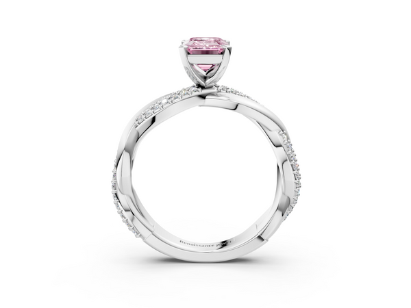 Platinum Fancy Pink Emerald  Solitaire Twist Band with Pave Prong Setting