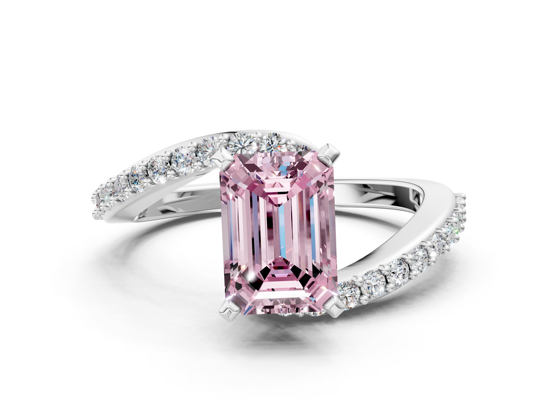 White gold Fancy Pink Emerald  Solitaire Twist Band with Pave Set Diamonds and Four-Prong Setting_108