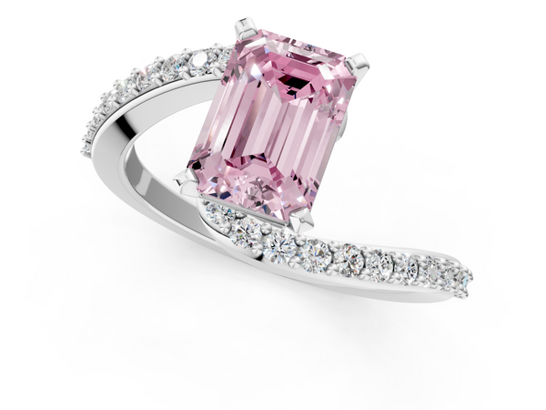 Platinum Fancy Pink Emerald  Solitaire Twist Band with Pave Set Diamonds and Four-Prong Setting