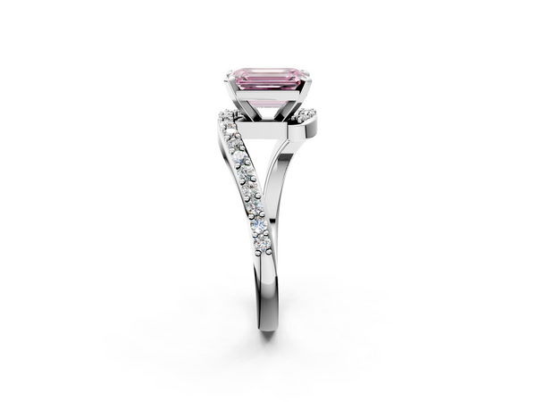 Platinum Fancy Pink Emerald  Solitaire Twist Band with Pave Set Diamonds and Four-Prong Setting
