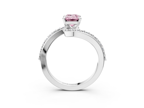 Platinum Fancy Pink Emerald  Solitaire Twist Band with Pave Set Diamonds and Four-Prong Setting