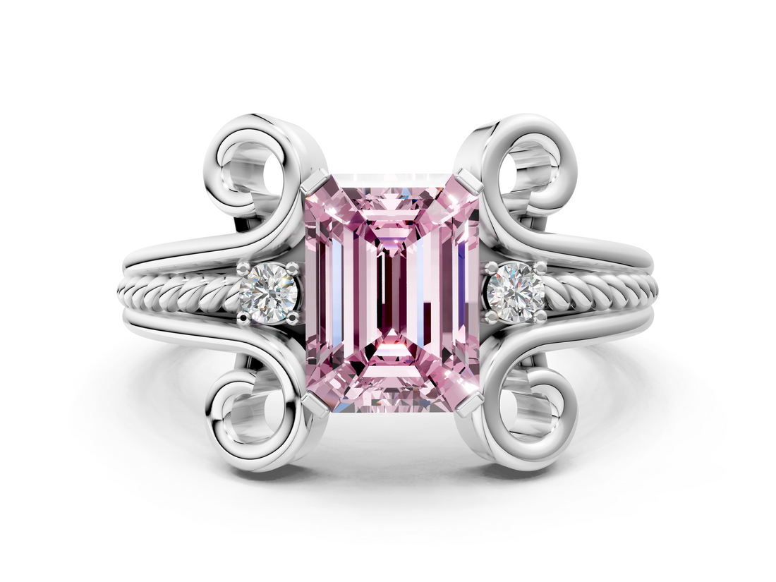 White gold Fancy Pink Emerald  Solitaire Twisted Band Scroll Prong Ring_3