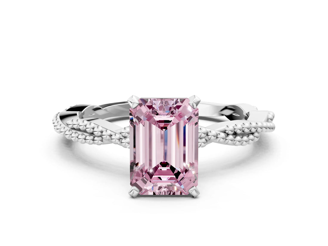 White gold Fancy Pink Emerald  Solitaire Twisted Band with Bead Prong Setting_313