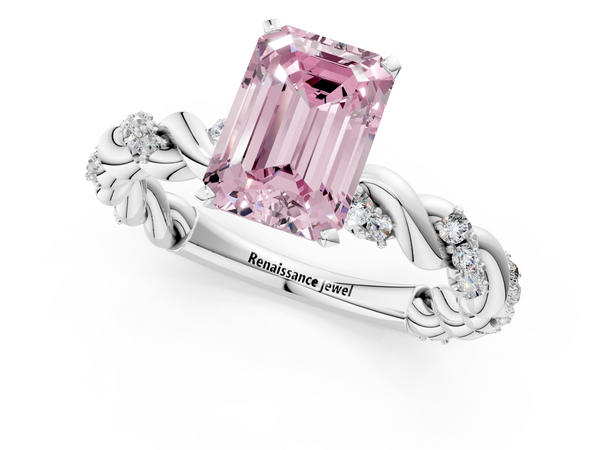 Platinum Fancy Pink Emerald Cut Diamond Solitaire Ring with Twisted Band and Pavé Accents